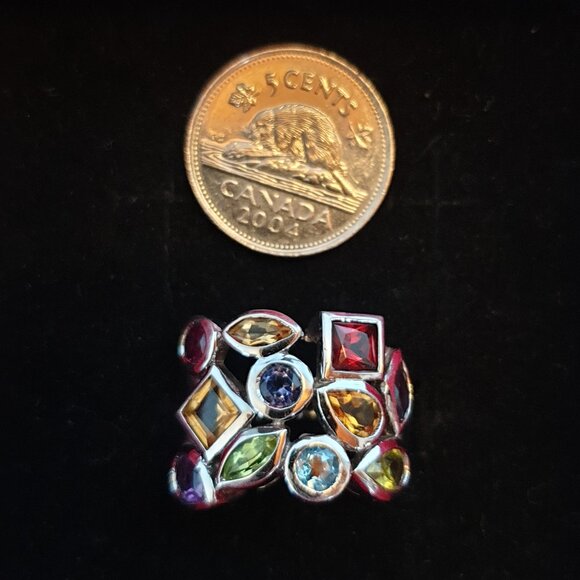 Vintage Mosaic Multi-Natural Gemstone Sterling Silver Statement Cocktail Ring - Picture 5 of 14
